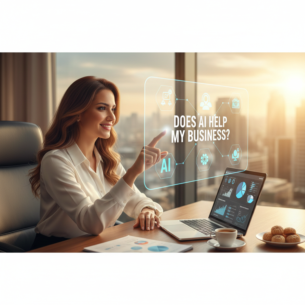A professional woman in an office analyzing data on a laptop and asking, Does AI help my business?