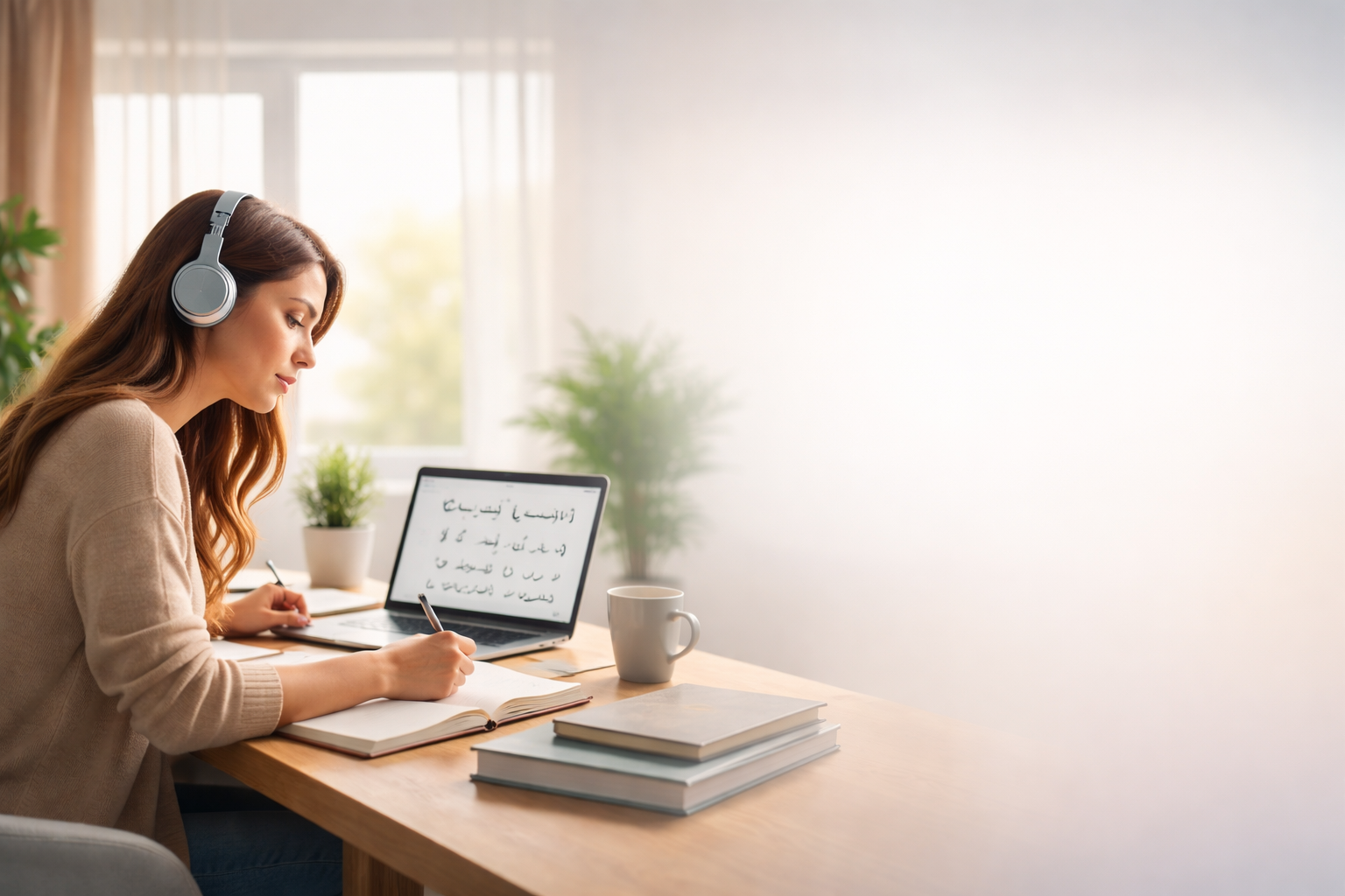 Woman studying Arabic language on a laptop at a desk with notebook and headphones
